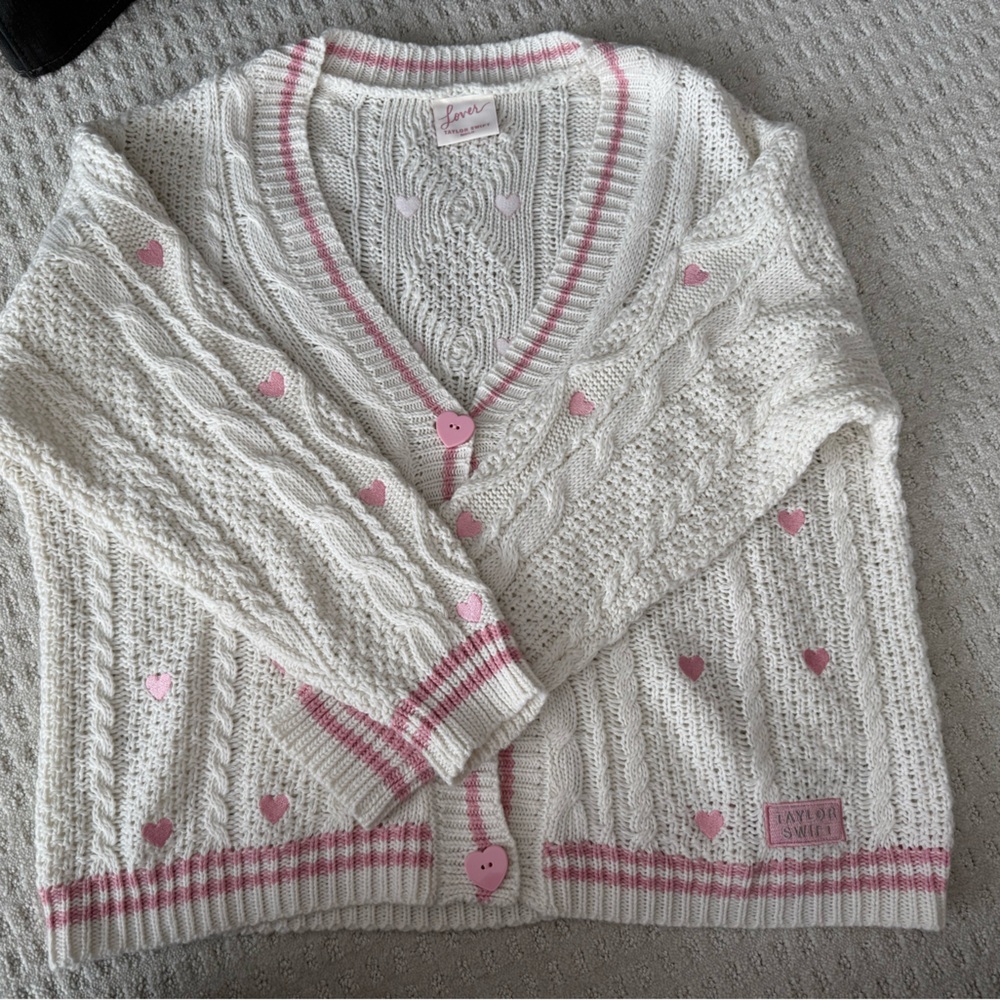 NEVER WORN: Taylor Swift LOVER White Cardigan with Pink Heart Accents